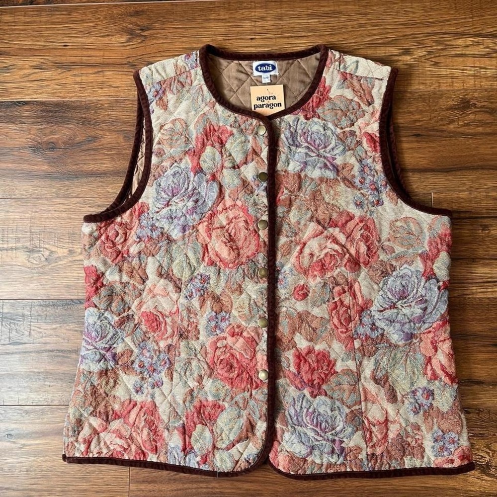 Tabi Vintage Quilted‎ Floral Vest Women L Boho Cottagecore Grandmacore Cozy